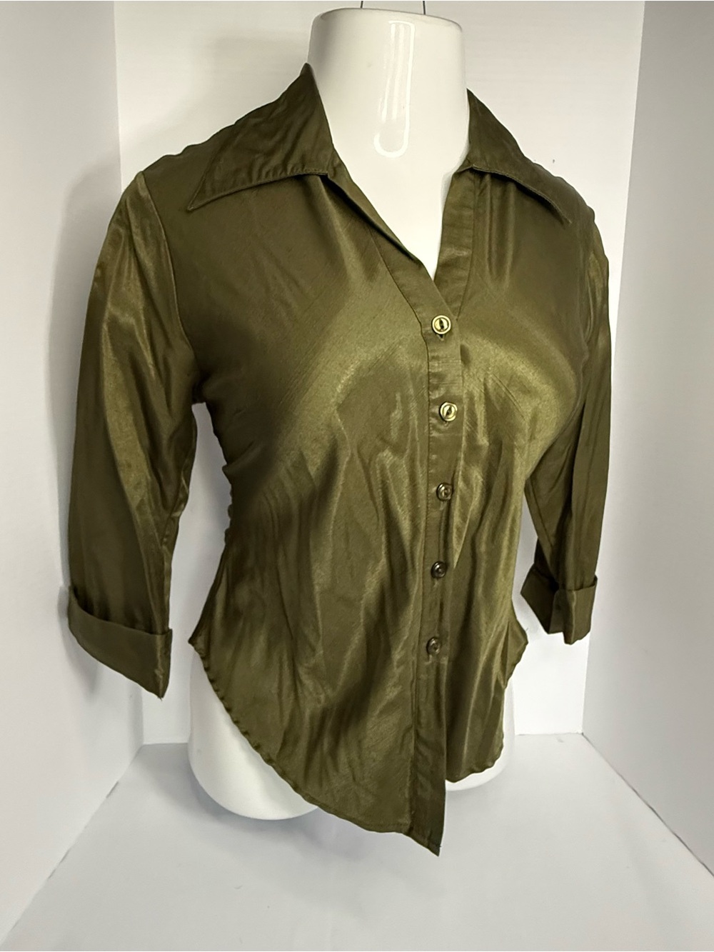 Dress Barn Olive Green Satin Button-Down Blouse